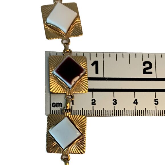 Vintage Goldtone Geometric Tile Bracelet White & Reddish Brown Tiles 7" x .5" - Picture 6 of 6